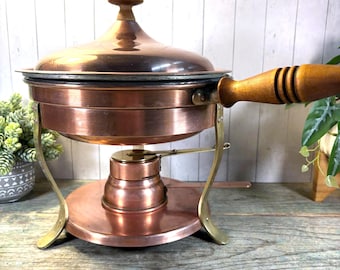 Vintage Bazar Francais Copper Chafing Dish: Mid-Century French Fondue Pot