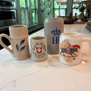 Vintage Beer Steins, Various Ceramic Tankards, Lofisa, HB Crown, GERZ Schweiz, Williamsburg Pottery