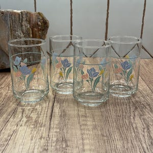 May include: A set of four clear drinking glasses. Each glass is decorated with a floral pattern of blue, pink, and yellow flowers on green stems. The glasses have a simple, cylindrical shape, suitable for various beverages and occasions.