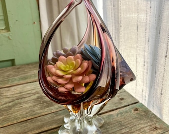 Amber and aubergine stretched glass basket vase, mid century art glass. FREE SHIPPING GUARANTEE
