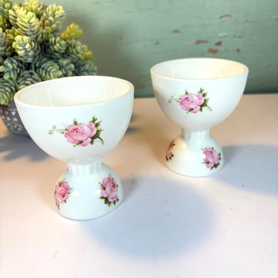 Keramik Doppel-Eierbecher, rosa Rosen-Dekor, 2er-Set