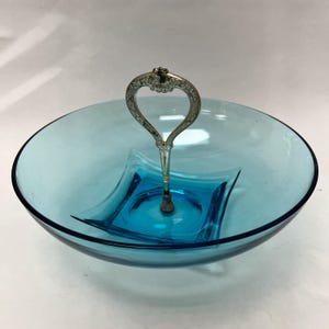 Mid Century Hazel Atlas Blue Glass Serving Bowl with Handle