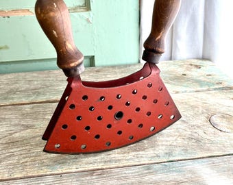 Antique Red Mezzaluna Rocking Knife: Handmade Double Blade Herb Mincer