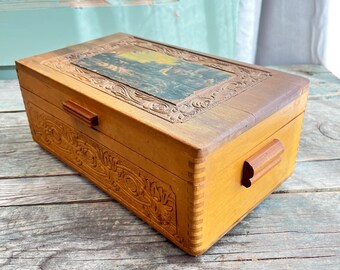 ヴィンテージ木製ジュエリーボックス：田園風景の彫刻、古い鏡 - Etsy 日本