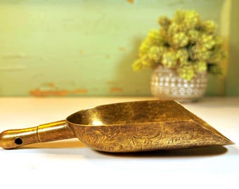 Vintage Engraved Brass Grain Scoop - Rustic Farmhouse Decor