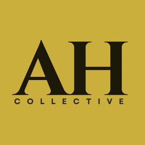 May include: A logo featuring the letters "AH" in a bold, black serif font, with "COLLECTIVE" in a smaller, sans-serif font below. The background is a solid, mustard yellow color.