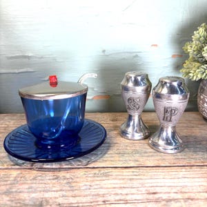 Vintage Cobalt Blue Glass Condiment Set: Sugar Bowl, Spoon & Pewter Shakers
