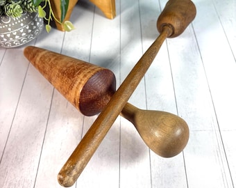 Vintage Wooden Mashers: Flat & Cone, Rustic Farmhouse Kitchen Tools