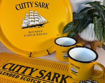 Vintage Cutty Sark Barware Set: Yellow Bar Trays, Rubber Mats, Enamelware Mugs