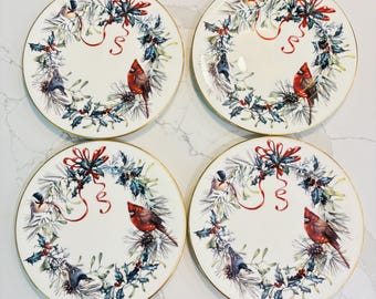 Vintage Lenox Christmas Plates, Catherine McClung Winter Greetings Cardinal Birds (Set of 4)