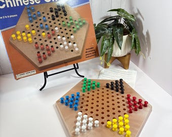 Jogo de damas chinês vintage: pinos de plástico e bandeja hexagonal, década de 1990