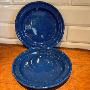 Vintage Royal Blue Speckled Enamelware Plates - Set of 2
