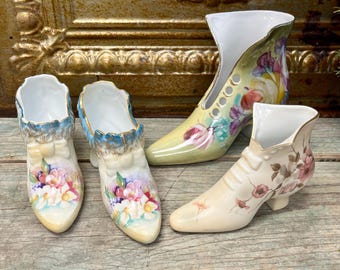 Limoge, Nippon, R.S. Suhl Porcelain boot planters, 4 available, hand painted Victorian boots, FREE SHIPPING GUARANTEE