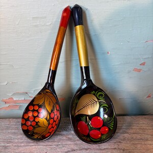 Vintage Russian Wooden Spoons Hand Painted Khokhloma Berries,