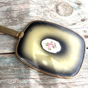 Antique Bronze Victorian Hand Mirror: Rose Medallion Bakelite Vanity Mirror