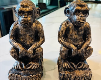 Vintage Faux Bronze Monkey Bookend Pair, Heavy Painted Plaster Monkey Book Ends