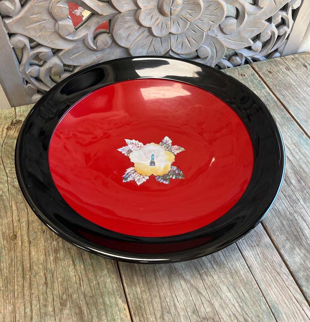 Black and Red Lacquer Bowl With Abalone Shell Floral Inlay, Large ...
