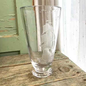 Hand Engraved Sailing Ship Lead Crystal Vase - Kjellander Brothers Swedish Art, 1940s