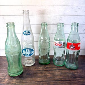 Vintage Green Glass Soda Bottles: Coke, Diet Dr. Pepper, 1996 Texas Rangers