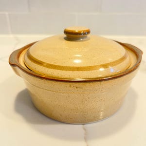 Op de afbeelding: Een beige keramische ovenschaal met een deksel. De schaal heeft een bruine rand en een bruine streep in het midden. Het deksel heeft een bruine knop.