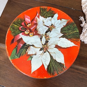 Vintage Christmas Cookie Tin: Poinsettia & Bells, 1960s Decor