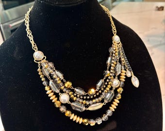 Vintage Goldtone and Crystal Multi Strand Asymmetrical Bib Necklace