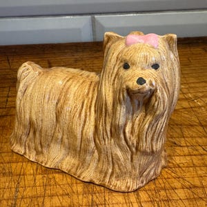 Vintage Yorkshire Terrier Figurine: Hand-Painted Yorkie with Pink Bow, Signed 1980