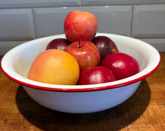 Vintage white with red trim enamelware bowls, 2 available, 13" diameter, 1970s.