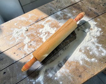 Vintage Wooden Rolling Pin, Red Handles