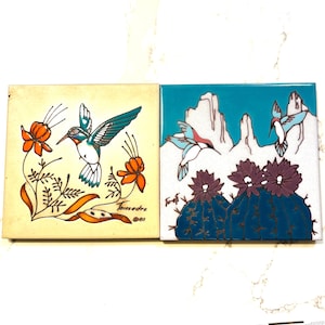Vintage Art Tiles, Hummingbirds, Desert Flowers, Southwestern Art, 1980s