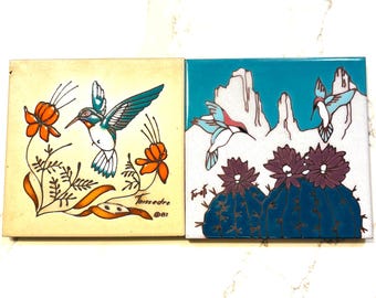 Vintage Art Tiles, Hummingbirds, Desert Flowers, Southwestern Art, 1980s
