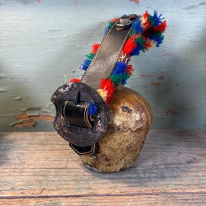 Vintage SWISS Treicheln Style Cow Bell Hand Forged, Leather Strap Colorful Fringe,