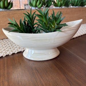 May include: A white ceramic planter with a striped design and a wide, oval shape. The planter is on a wooden surface and has a small base. The planter is filled with green succulents.