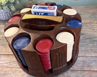 Vintage Bakelite Poker Chip Carousel, Michael Graves Wood Caddy, Clay Chips