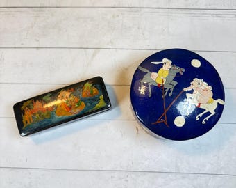 Stare, ręcznie malowane rosyjskie pudełka, niebieski papier-mâché, miniatura Palekh