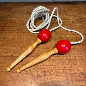 Mid-Century French Wooden Handle Jump Rope: Vintage Children&#39;s Toy
