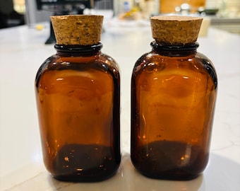 Set of 2 Antique Amber Glass Snuff Bottles – Apothecary Jars with Cork Stoppers