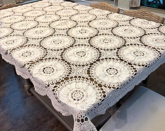 Vintage Madeira Lace Crocheted, Embroidered Taupe-on-White Tablecloth, Excellent Condition; 64" L x 44" W