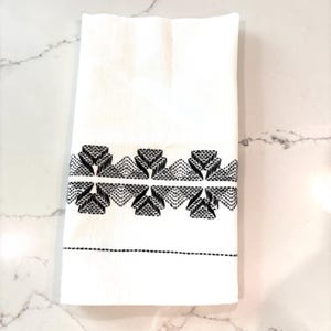Vintage Swedish Huck Woven Kitchen Towel, Black Geometric Embroidery (19.5" x 17")