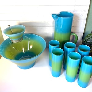 Kolekcja Vintage Blendo, Bermuda Twist Blue and Green, duża miska, dzbanek, 6 szklanek, połowa wieku, MCM, szkło Blendo z Wirginii Zachodniej