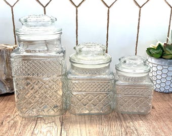 Vintage Anchor Hocking Wexford Crystal Canisters | Diamond Cut Glass Jars | 3 Sizes