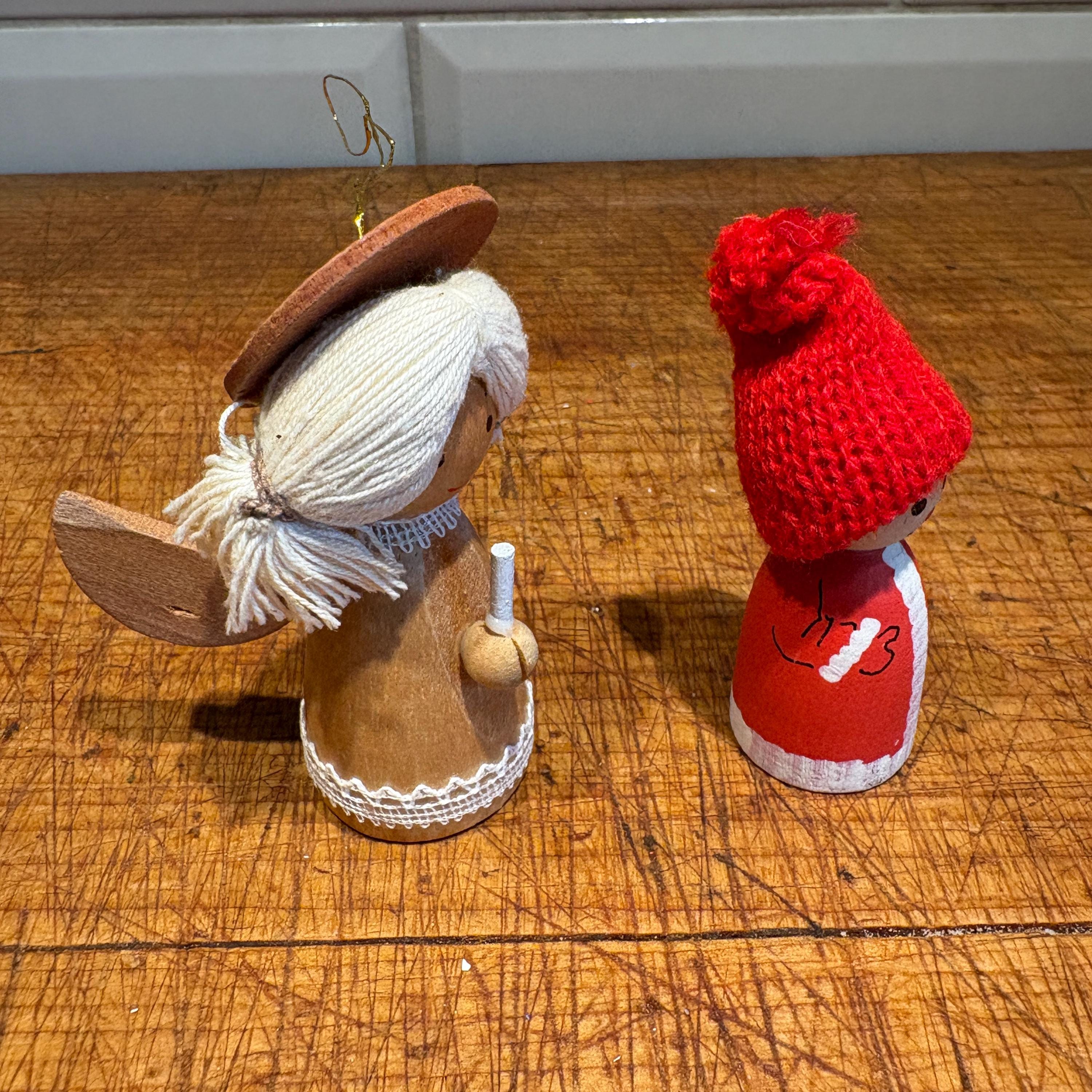 木製エンジェル Vintage 1979 Hand-painted Wood Angel and Gnome Ornaments - Etsy