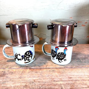 Vintage Vietnamese Coffee Filter Set: Enamel Cups with Speckled Hen Design