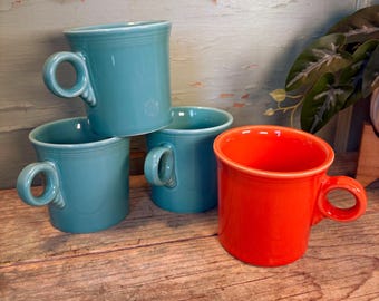 Vintage Fiestaware Mugs Set of 4: Turquoise & Orange, Loop Handles