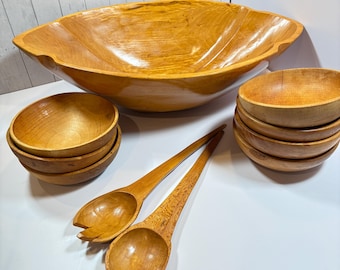 Juego de ensaladeras vintage de madera MCM: cuenco con forma de hoja y pinzas, 7 cuencos