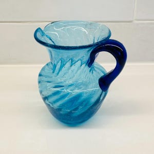 Vintage Blue Glass Creamer Hand Blown Swirl Design, Applied Handle, 3 1/4&quot;