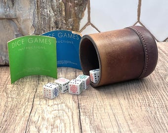 Vintage Poker Dice Game Set, 5 White Playing Card Dice, Leather-Wrapped Dice Cup & Instructions | Bachelor Games