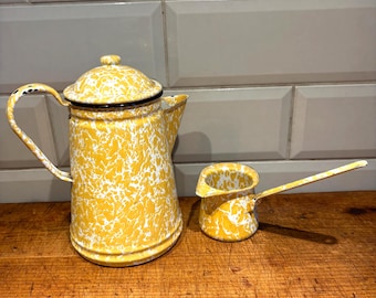 Vintage Yellow Graniteware Teapot Set: Chippy Shabby Chic Kitchen Decor