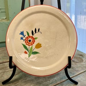 Könnte beinhalten: Ein vintage weißer Keramikteller mit rotem Rand und einem floralen Design in den Farben Blau, Orange, Gelb und Grün. Der Teller hat einen kleinen Riss im Glasur.