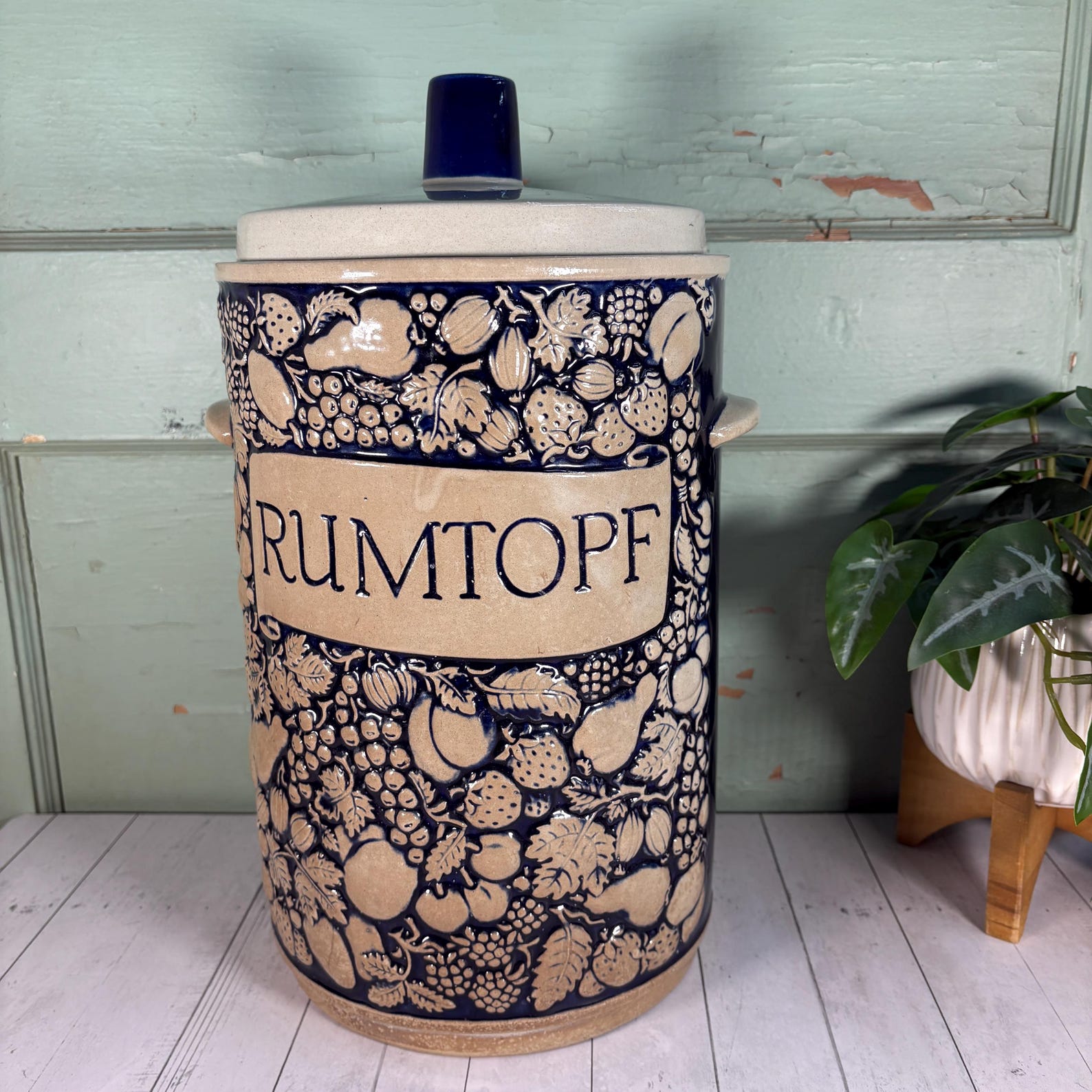 Vintage Rumtopf Crock Blue Ceramic Canister with Lid Made in Germany, Fermenting Cannister, Marzi & Remy, 1960s Crock